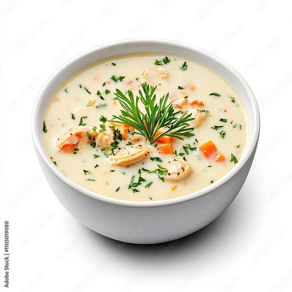 Creamy New England Style Clam Chowder in White Bowl with Garnishes Creamy New England Style Clam Chowder in White Bowl with Garnishes