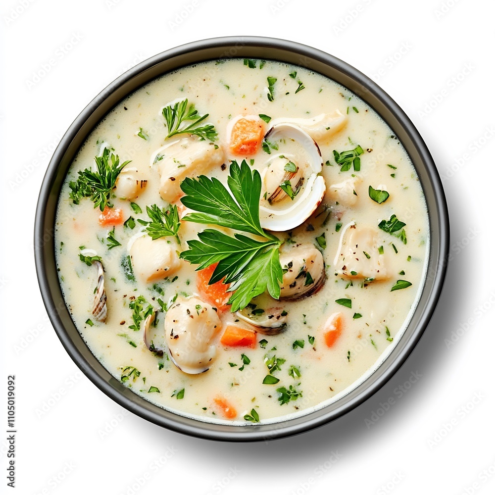 Macro Shot of a Classic New England Clam Chowder Dish in a Bowl Macro Shot of a Classic New England Clam Chowder Dish in a Bowl