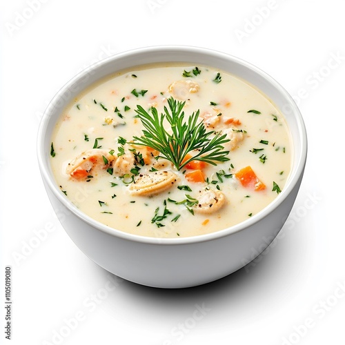 Creamy New England Style Clam Chowder in White Bowl with Garnishes