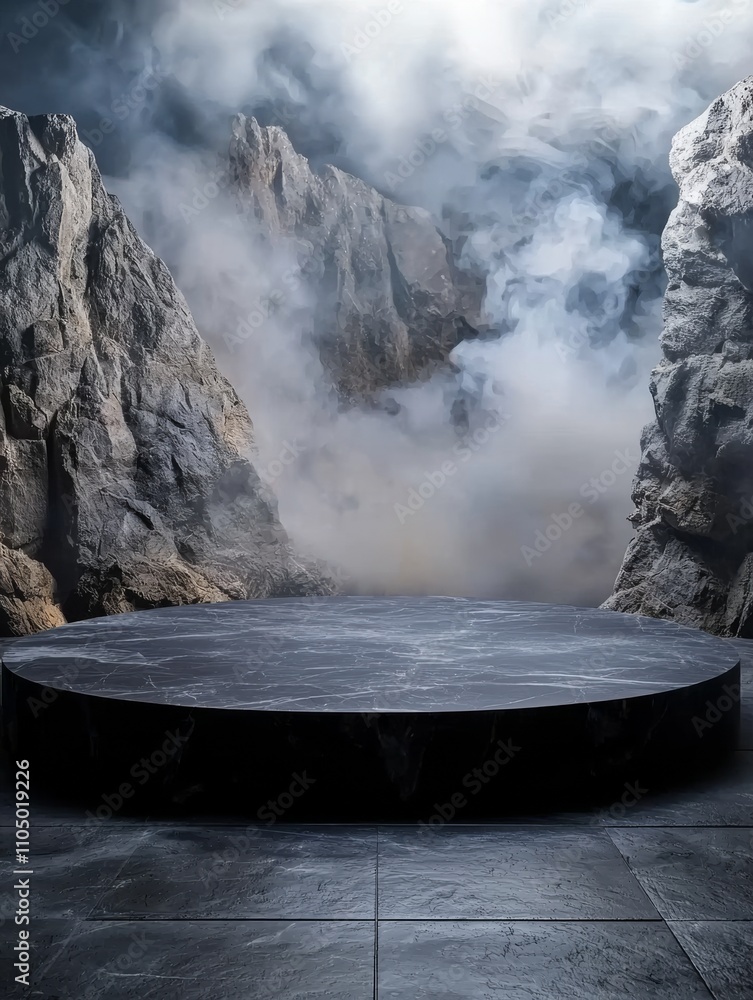 A dramatic scene featuring a circular platform surrounded by rugged cliffs and mist, creating an ethereal and mysterious atmosphere. A dramatic scene featuring a circular platform surrounded by rugged cliffs and mist, creating an ethereal and mysterious atmosphere.