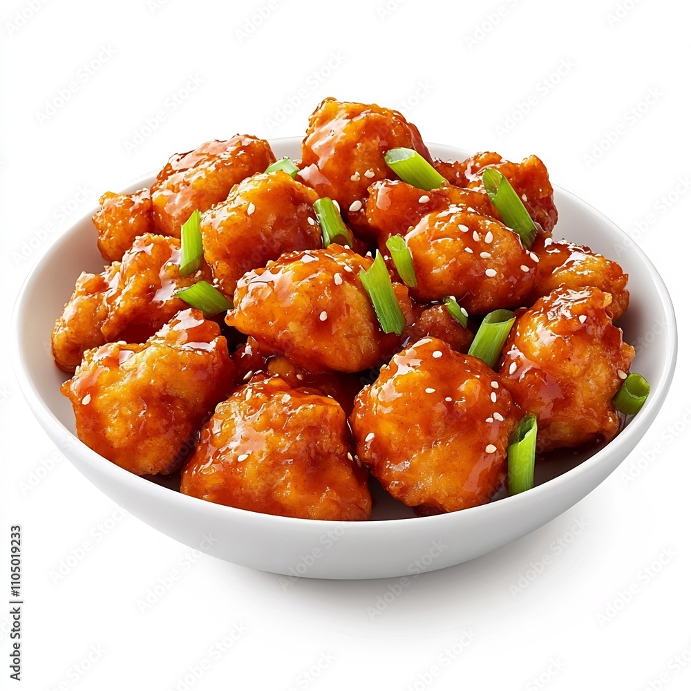 Macro Close Up of Delicious General Tso s Chicken Dish on White Background Macro Close Up of Delicious General Tso s Chicken Dish on White Background