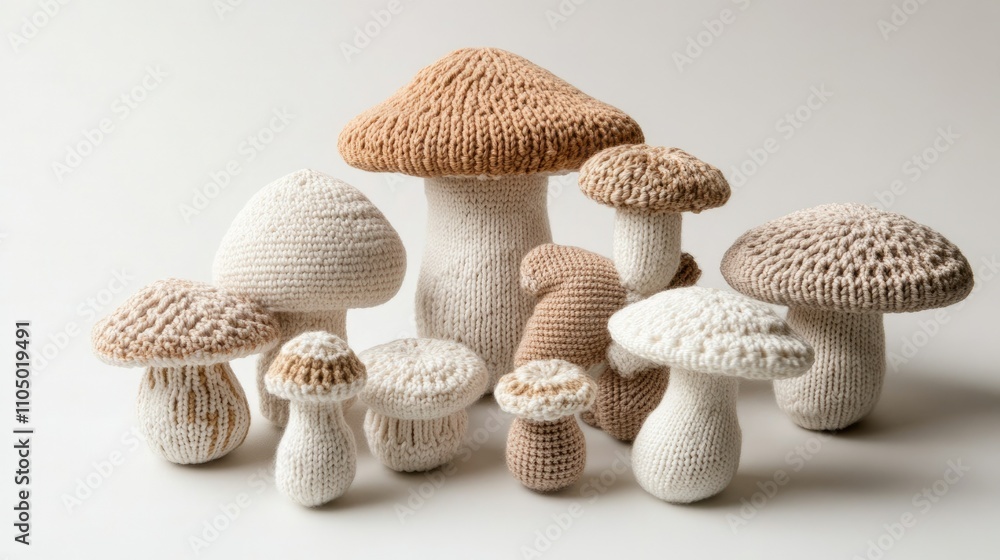 Show a set of cozy, hand-knitted mushrooms made of soft wool, displayed on a clean white background. Each mushroom features intricate knitting patterns, with varying sizes and shapes. Show a set of cozy, hand-knitted mushrooms made of soft wool, displayed on a clean white background. Each mushroom features intricate knitting patterns, with varying sizes and shapes.