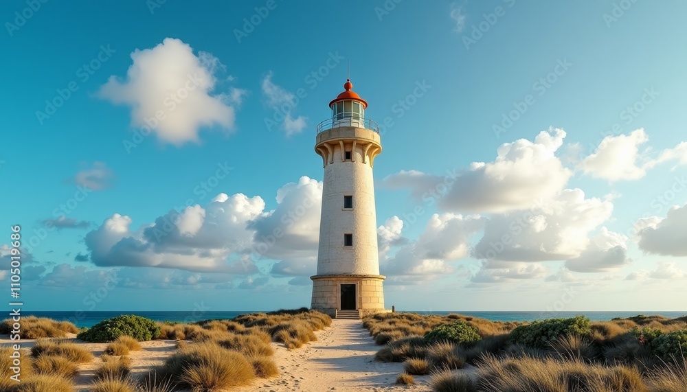 Lighthouse on sandy beach with blue ocean and sky in background Lighthouse on sandy beach with blue ocean and sky in background