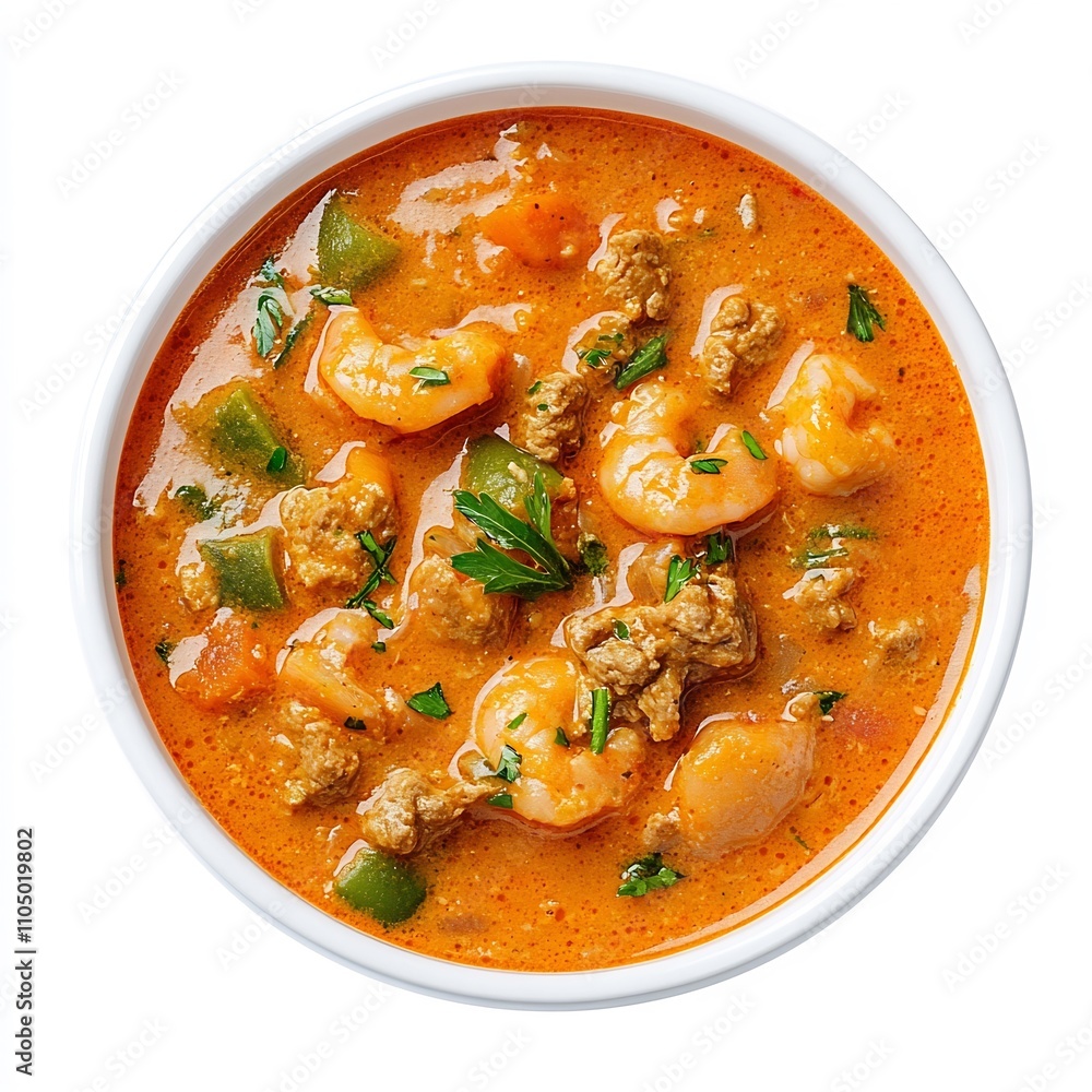 Macro Shot of Savory Creole Gumbo Dish with Shrimp and Chicken on White Background Macro Shot of Savory Creole Gumbo Dish with Shrimp and Chicken on White Background