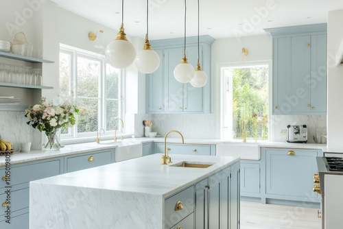A bright kitchen with light blue cabinetry, brass hardware, and soft pendant lighting, centered around a large marble island with an integrated sink and minimalist decor.