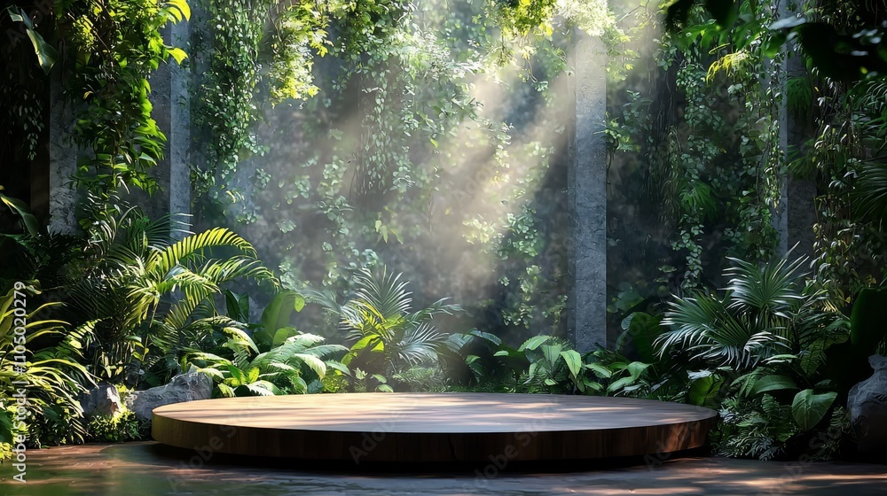 A serene forest scene featuring a circular wooden platform illuminated by soft rays of sunlight filtering through lush greenery. A serene forest scene featuring a circular wooden platform illuminated by soft rays of sunlight filtering through lush greenery.