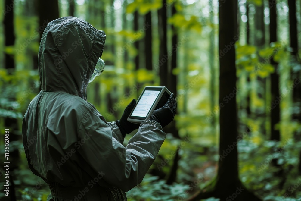 Hooded figure in woods uses digital tablet. Hooded figure in woods uses digital tablet.