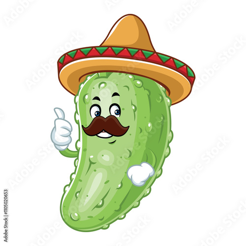 Pickle Cartoon Character Wearing Sombrero.