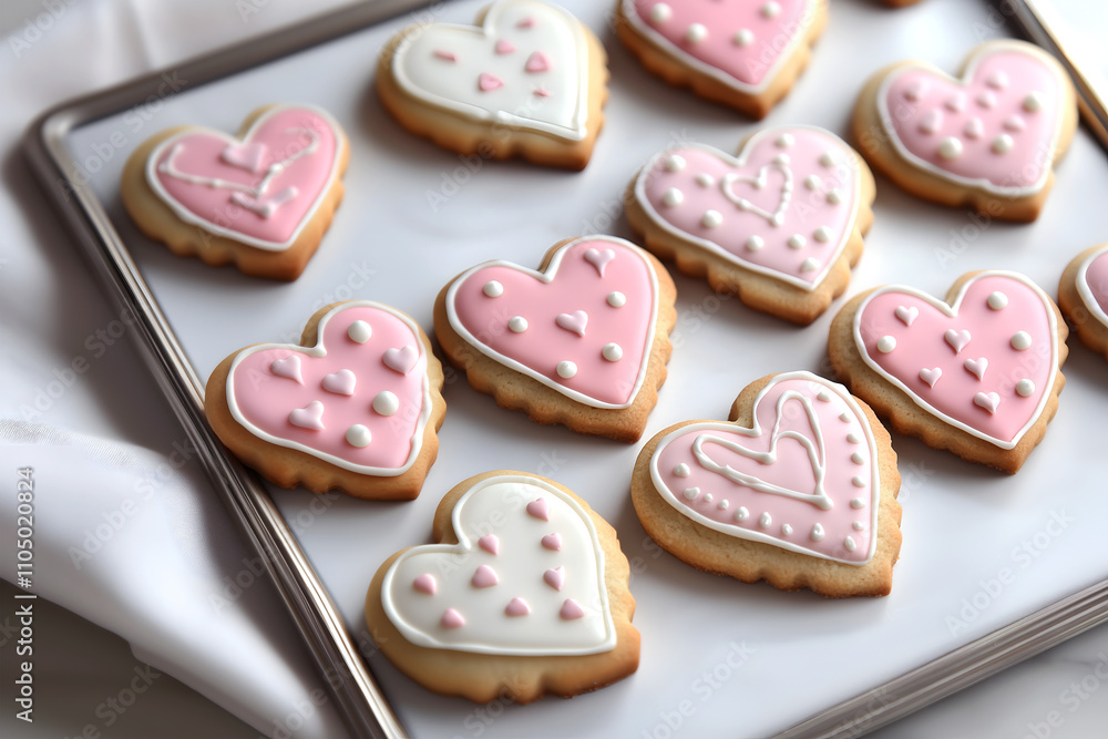 Creative food holiday concept. Row of Heart love shape cookie with pink white icing frost icing on silver baking tray with cloth setting. Creative food holiday concept. Row of Heart love shape cookie with pink white icing frost icing on silver baking tray with cloth setting.