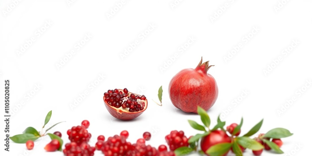 Obraz premium Lush pomegranate fruit sitting alone on a pristine white background, seedless, pulp, arils