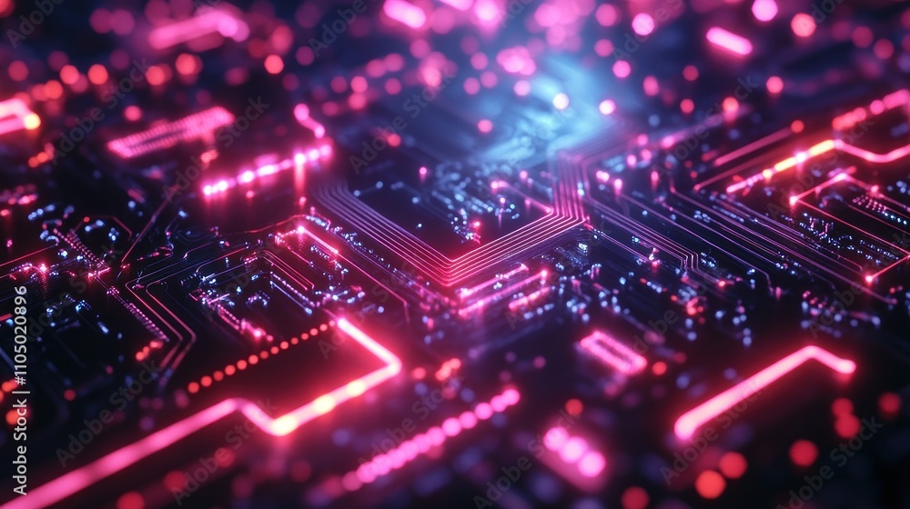Abstract circuit board with glowing red and blue lights. Abstract circuit board with glowing red and blue lights.