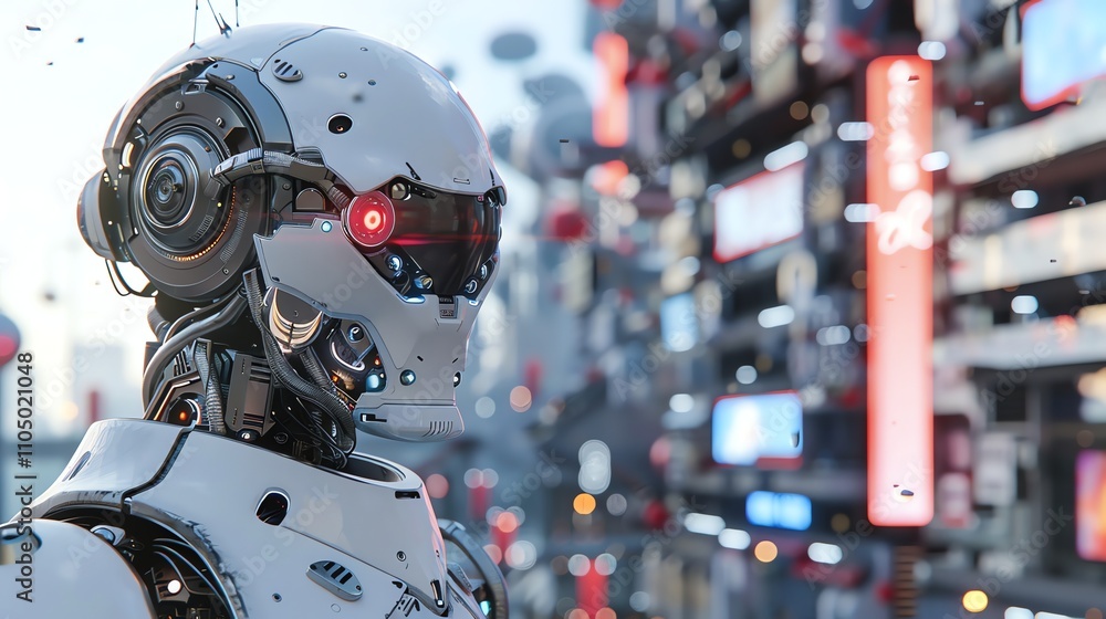 Fototapeta premium A futuristic robot stands in a city with glowing lights.