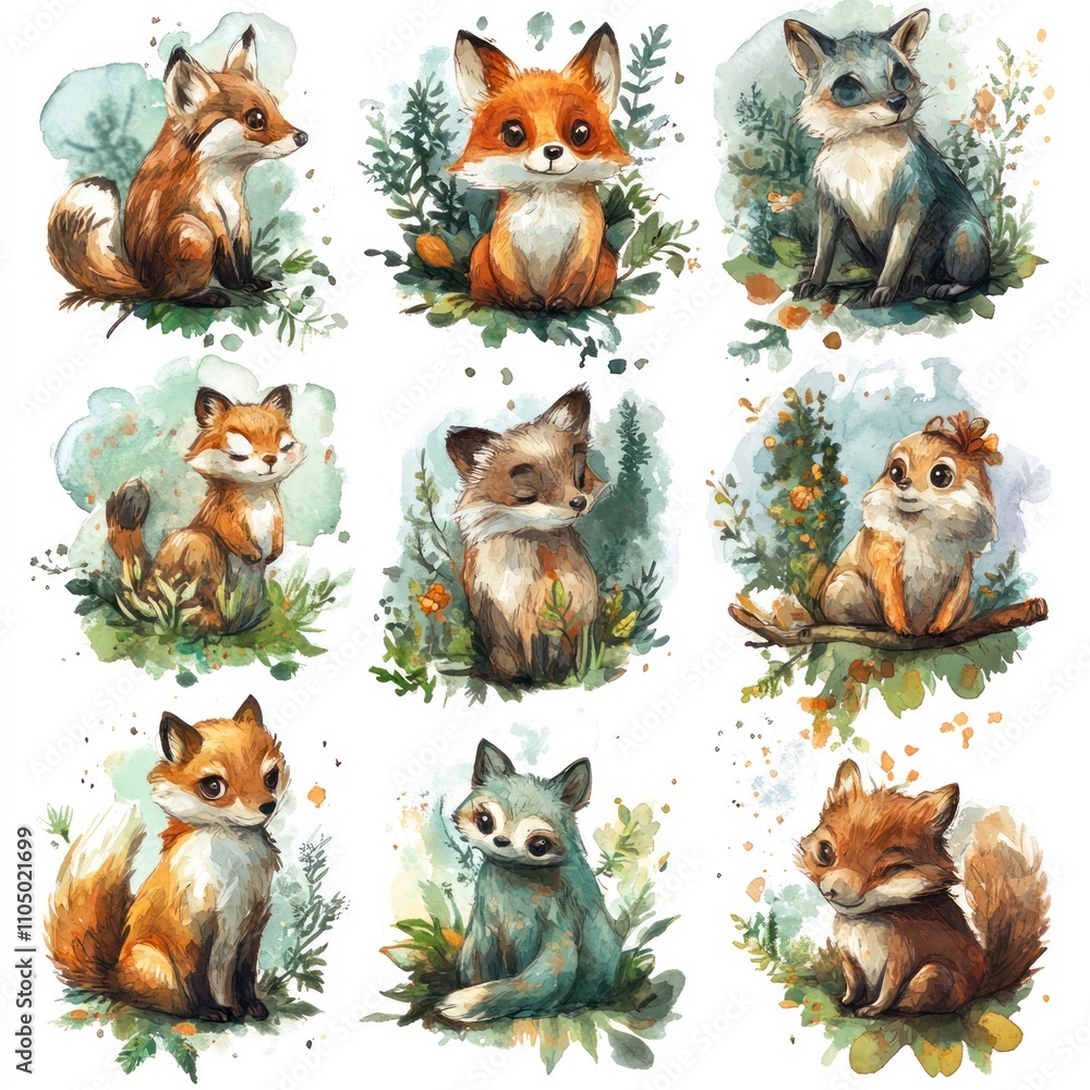 Fototapeta premium Nine adorable cartoon foxes with different fur colors and expressions, sitting in a forest setting.