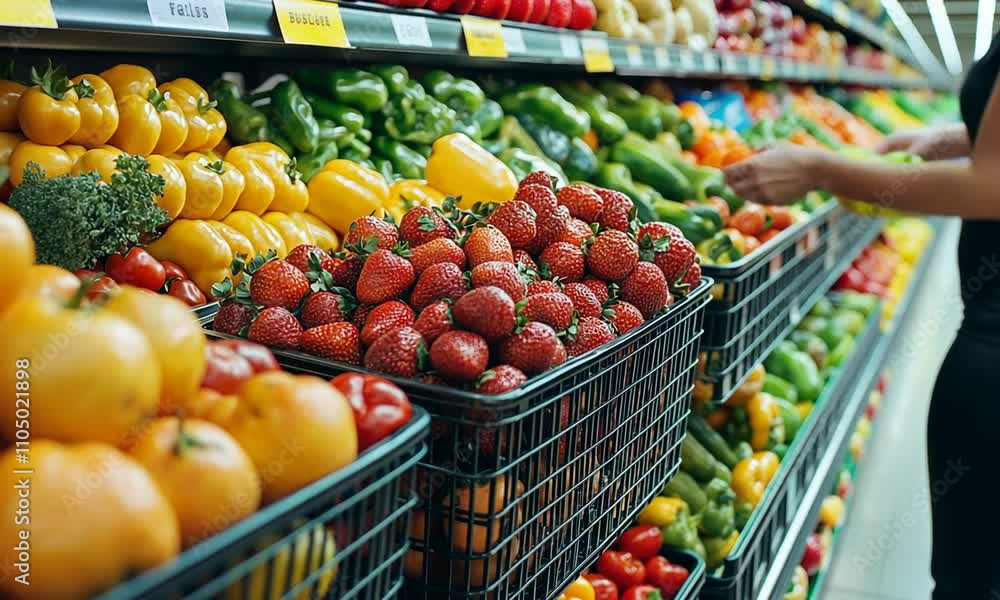 A vibrant display of fresh fruits and vegetables in a grocery store.