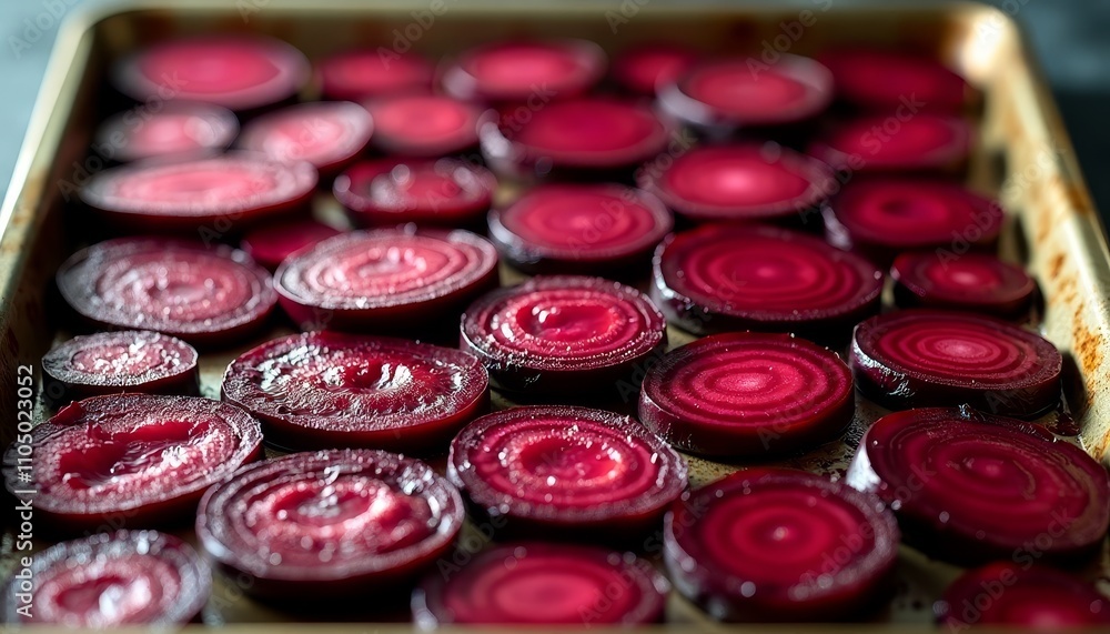 A tray of thinly sliced red onions with a glossy sheen, ready for use in cooking or as a garnish A tray of thinly sliced red onions with a glossy sheen, ready for use in cooking or as a garnish