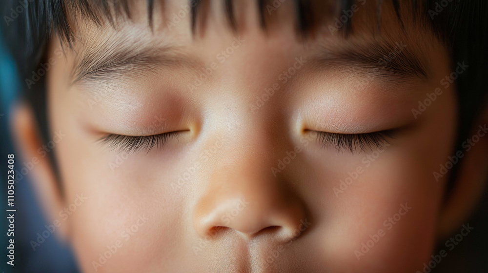 Close-up of the eyes of a small Chinese boy with his eyes closed Close-up of the eyes of a small Chinese boy with his eyes closed