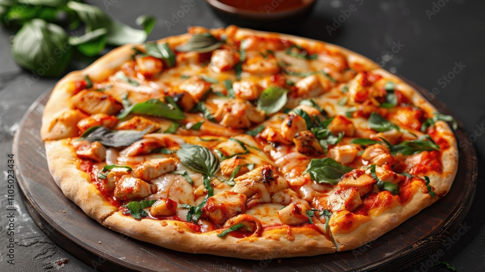 Chicken barbecue pizza on cutting board with dark background Italian cuisine. Chicken barbecue pizza on cutting board with dark background Italian cuisine.