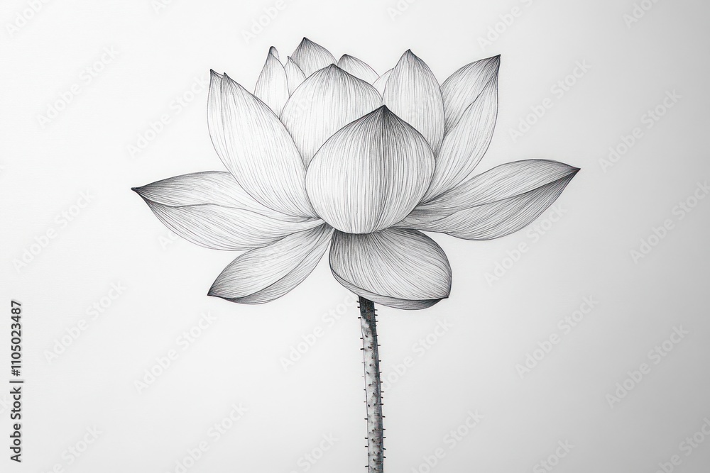 Obraz premium A detailed pencil drawing of a single lotus flower with a white background.