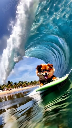 A cute pomeranian surfing