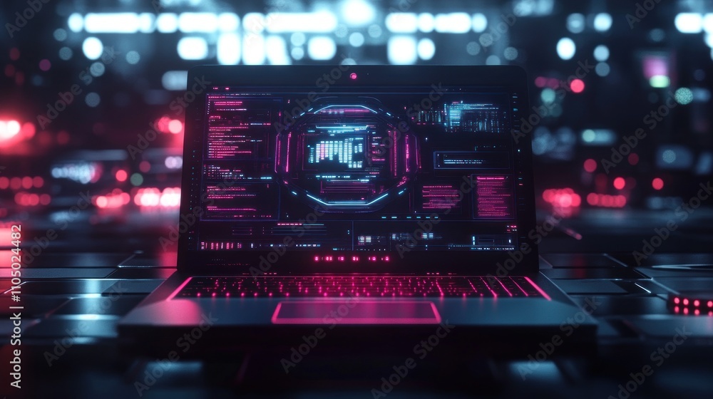 A laptop with a futuristic interface displaying data and code in a futuristic cityscape. A laptop with a futuristic interface displaying data and code in a futuristic cityscape.