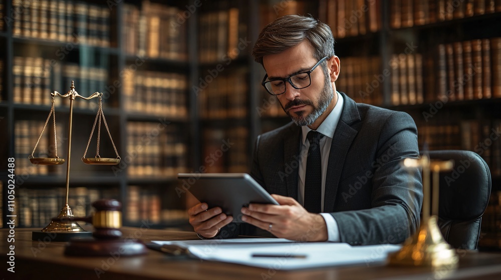 Individual in formal attire using a tablet at a desk, featuring a gavel, scales of justice, and legal paperwork, indicating a courtroom. Individual in formal attire using a tablet at a desk, featuring a gavel, scales of justice, and legal paperwork, indicating a courtroom.