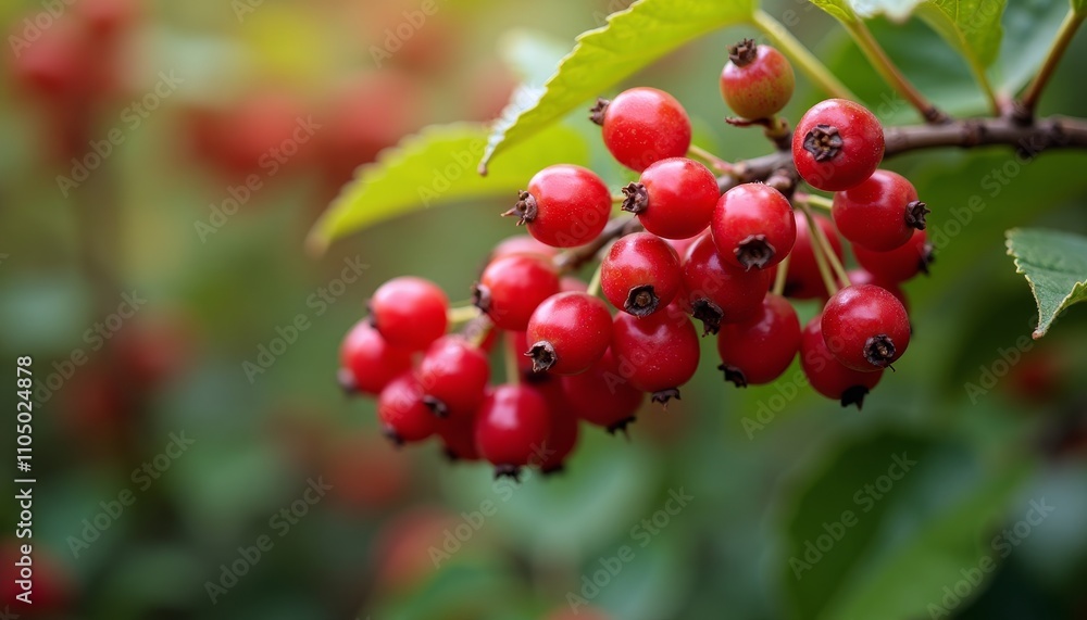 Close-up of red berries on a tree branch with green leavesRed berries hanging from a brown tree branch in front of Close-up of red berries on a tree branch with green leavesRed berries hanging from a brown tree branch in front of