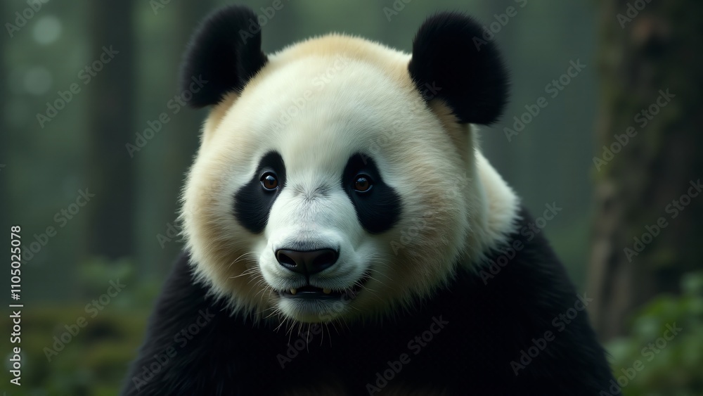 Create a captivating close-up of a giant panda, focusing on its black and white fur, gentle eyes, and playful expression. The background should be blurred, evoking serenity and warmth.