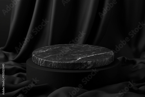 3D render illustration of a minimal abstract mockup background with a top view of a black stone podium on black fabric for product presentation