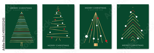 Merry Christmas and Happy New Year greeting card vector set. Luxury invitation with Christmas tree, bauble, gift, spot texture on green and red background. Design illustration for season's card, ads.