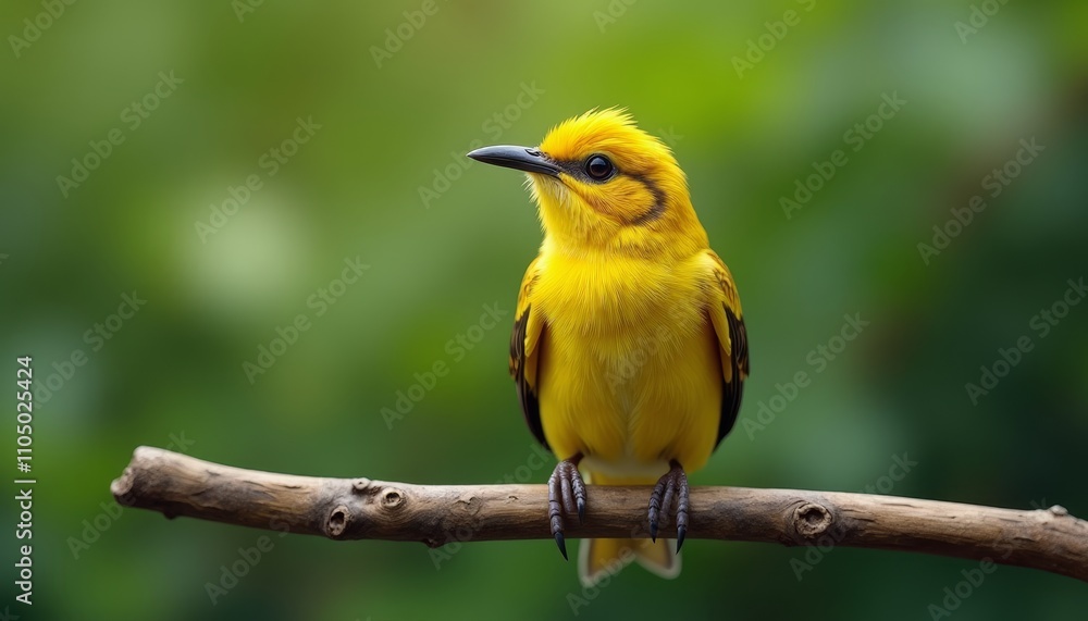 A yellow bird with a black beak perched on a branch in a green setting A yellow bird with a black beak perched on a branch in a green setting