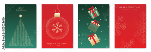 Merry Christmas and Happy New Year greeting card vector set. Luxury invitation with Christmas tree, bauble, gift, spot texture on green and red background. Design illustration for season's card, ads.