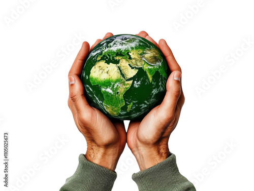 Hands cradling a globe, symbolizing care for the Earth, white isolate background. photo