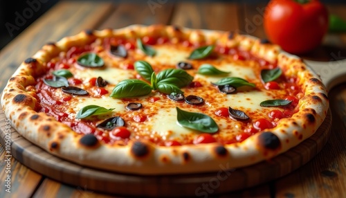 A pizza on a wooden board with toppings like basil, olives, and tomatoes