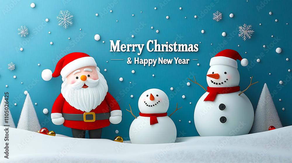 Santa Claus and snowman with Christmas tree, holiday season, Merry Christmas, and Happy New Year Santa Claus and snowman with Christmas tree, holiday season, Merry Christmas, and Happy New Year