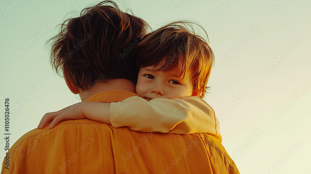 Dad is carrying a child in his arms, shot from the back, the child has his arms around his father's neck and is looking joyfully at the camera, studio photo, white background, green and orange shades