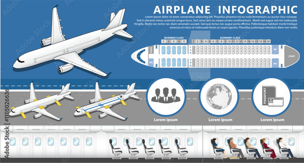 Naklejka premium Air Travel Infographic. Airplane flight infographics with flat aircraft seat map. Vector illustration