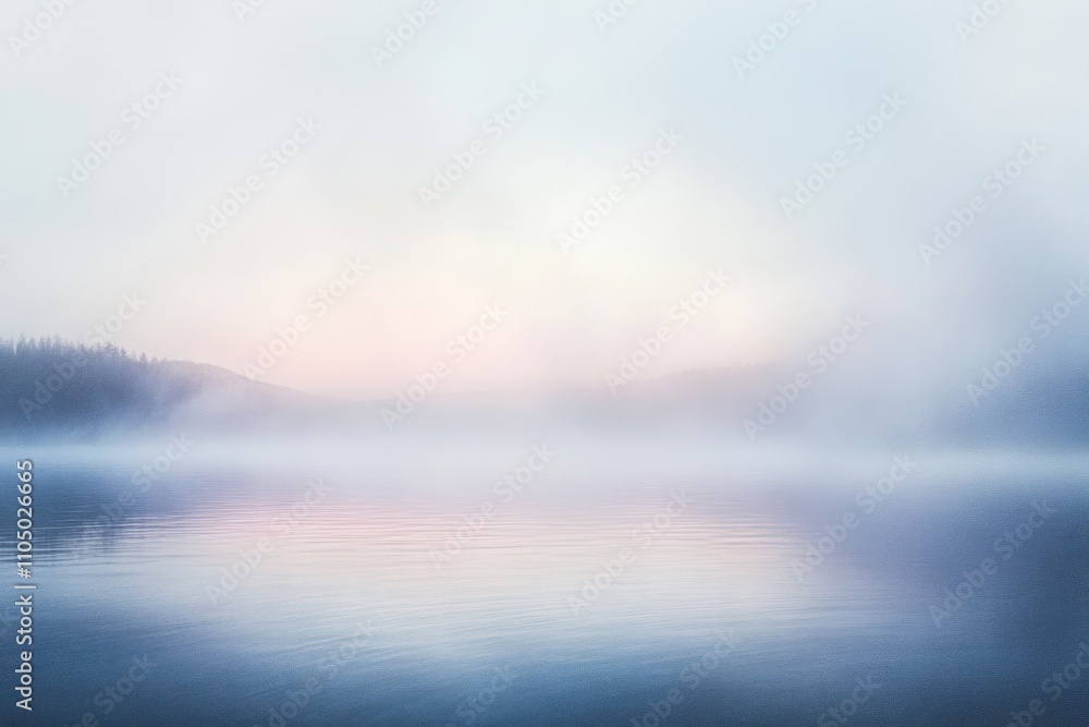 Fototapeta premium A serene lake with a misty sunrise, the sun is barely visible behind the fog.
