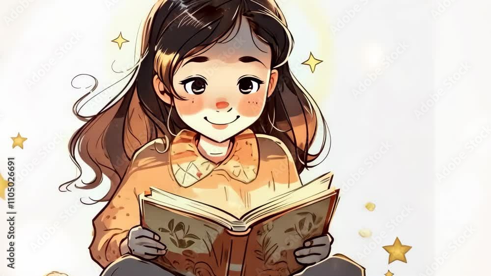 Cute young woman reading book anime style background. Cute young woman reading book anime style background.