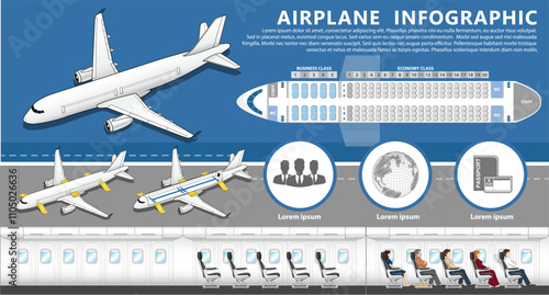 Air Travel Infographic. Airplane flight infographics with flat aircraft seat map. Vector illustration