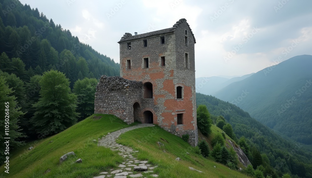 Old stone tower on mountain peak Old stone tower on mountain peak