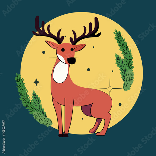 Deer with antlers in front of a yellow moon with green branches and stars on a dark background. Nature and wildlife theme photo