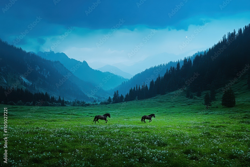 Horses running on field surrounded by Mountains grassland under vivid blue sky Horses running on field surrounded by Mountains grassland under vivid blue sky