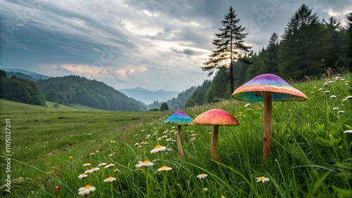 Psychedelic mushroom growth in a lush meadow, sunny day, wildflowers, grasses, carefree composition, textured brushstrokes photo