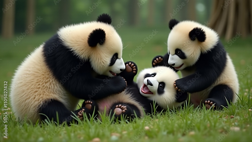 Fototapeta premium Capture the playful spirit of panda cubs climbing, rolling, and tumbling in a lush bamboo forest. Their innocent joy and energetic movements are illuminated by soft natural light.