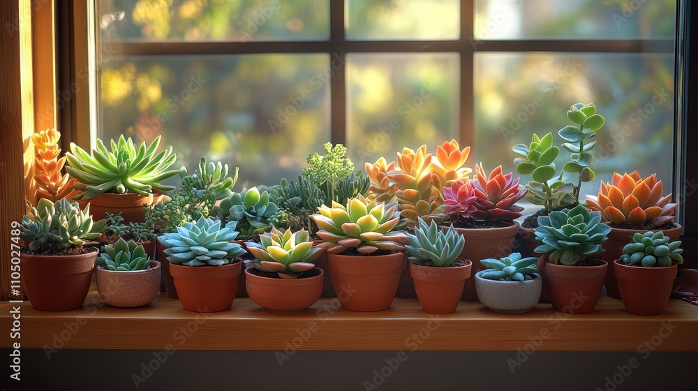 A collection of colorful succulents in terracotta pots on a windowsill, bathed in the warm light of the setting sun. A collection of colorful succulents in terracotta pots on a windowsill, bathed in the warm light of the setting sun.