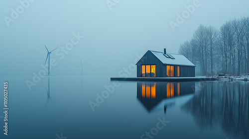 Serene lake cabin with glowing lights and wind turbine in foggy ambiance