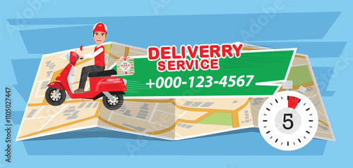 Pizza delivery. Fast and free delivery by scooter. Food service.