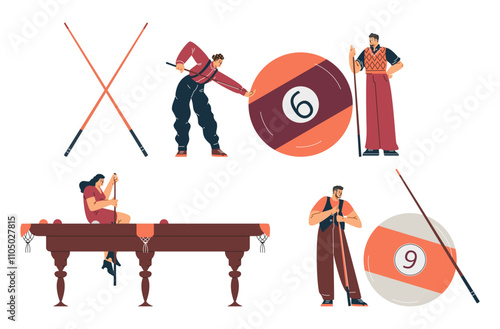 Miniature billiard players with giant billiards objects.