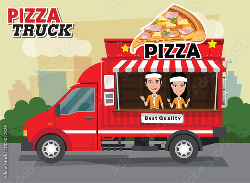 Wallpaper Mural Vector colorful flat pizza truck. Cartoon pizza car. Torontodigital.ca