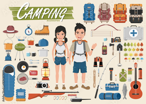 Camping equipment vector collection. . Base camp gear and accessories. Camping icon set. Hiking icons set.